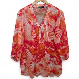 Rose & Olive Top Womens Plus 1X Orange Chiffon Sheer Pintuck Blouse 3/4 Sleeve
